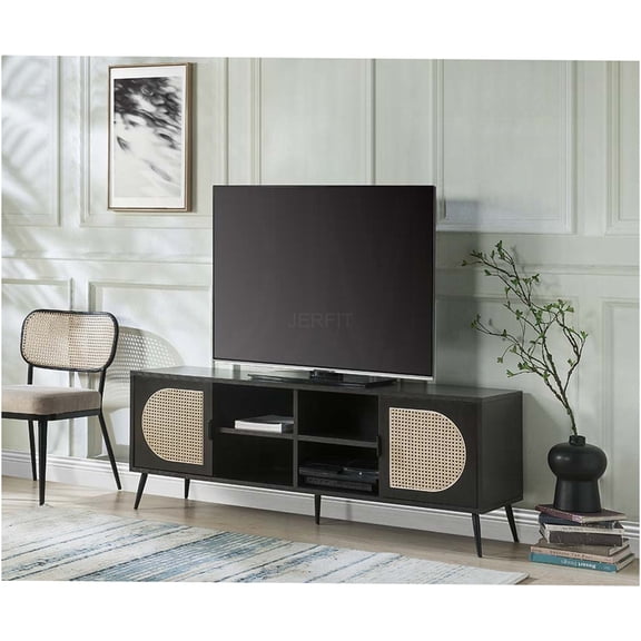 JERFIT Modern 60 inch TV Stand with Rattan Doors, 4 Shelves Storage Cabinet for Living Room, Black Entertainment Center with Metal Legs