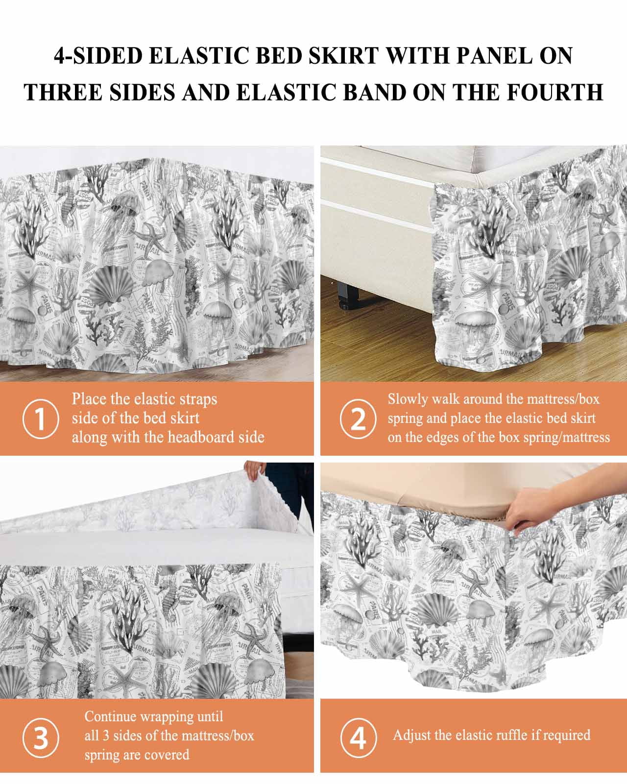 Grey Coastal Wrap Around Bed Skirts for Queen Bed 16" Drop,Bed Skirt with Adjustable Elastic Belt Dust Ruffle Bed Valance for Bedroom Hotel Summer Coral Shell Sea Beach Nautical Bed Frame Cover