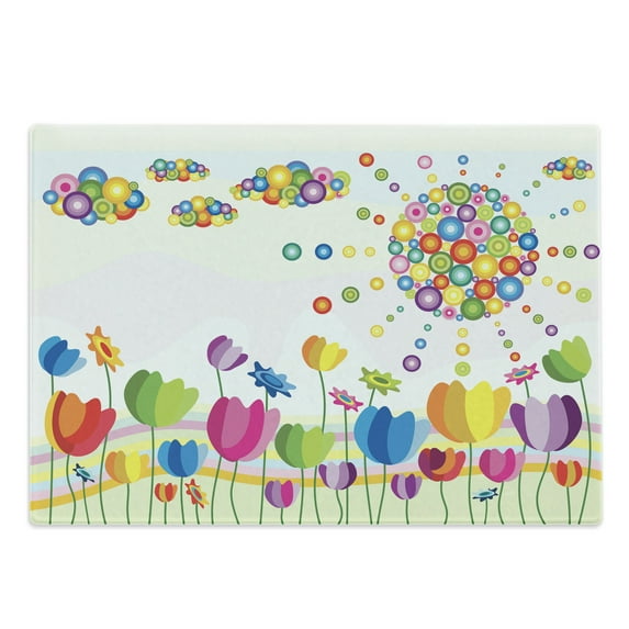 Abstract Cutting Board, Abstract Illustration of Flowers Sun and Clouds Summertime Park Sunny Day Joyful, Decorative Tempered Glass Cutting and Serving Board, Large Size, Multicolor, by Ambesonne