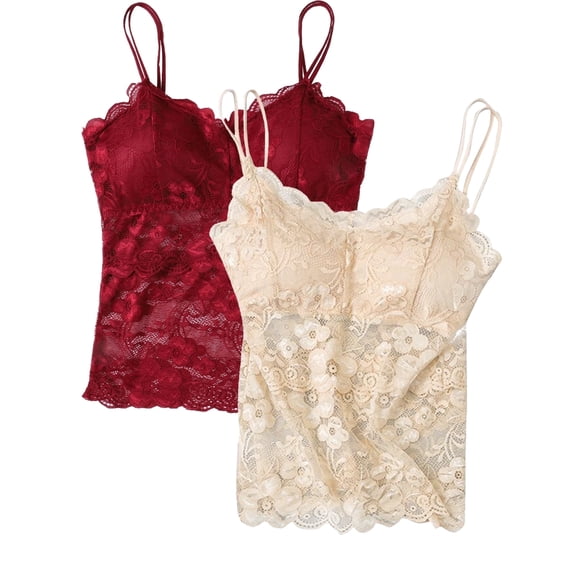 2 Pack Women's Lace Camisole Vest - Breathable Spaghetti Strap Tank Top Basic Cami Undershirt Tops Seamless Beauty Back Top with Built-in Bra, M-2XL