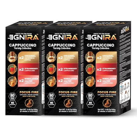 (3 pack) IGNIRA Premium Instant Coffee Cappuccino Variety Pack Strawberry Original & Himalayan Salted Coffees Café Taste No Soybeans Focus Fire 6 Sticks (3.81 oz)