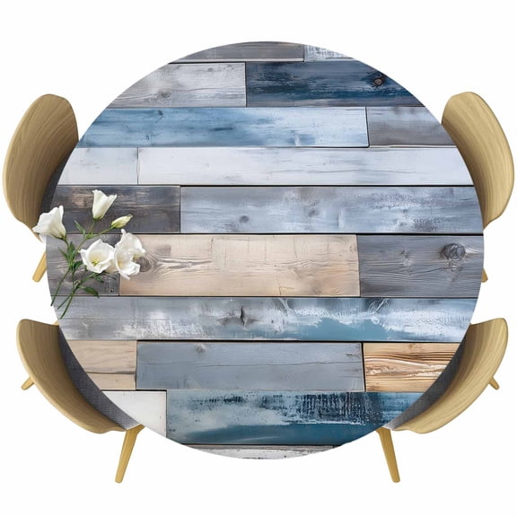 Round Table Cover 45-54 Inch Blue Wooden Grain Waterproof Reusable Table Cloth Round Fitted Vinyl Tablecloth with Elastic Edged for Parties Outdoors, Farmhouse Country Abstract Art