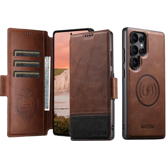 Allytechgroup 2 In 1 Wallet Phone Case for Samsung Galaxy S24 Ultra, Cards Holders Detachable Magnetic Back Cover for Women Men, Brown