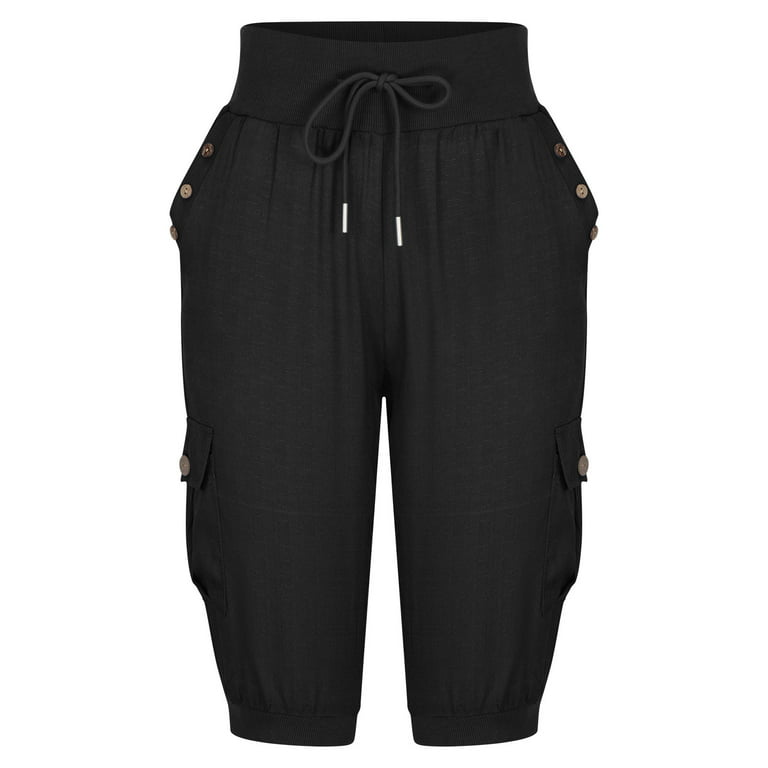 Capri Pants for Women Cotton Linen Plus Size Cargo Pants Capris Elastic  High Waisted 3/4 Slacks with Multi Pockets (XX-Large, Black) 