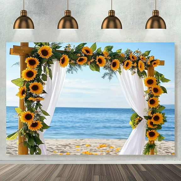 Sunflower Arch Wedding Backdrop Ocean Beach Bridal Shower Photography Background Hawaiian Blue Sky Seaside White Clouds Bride to Be Engagement Birthday Party Decorations Banner Photo Booth Props