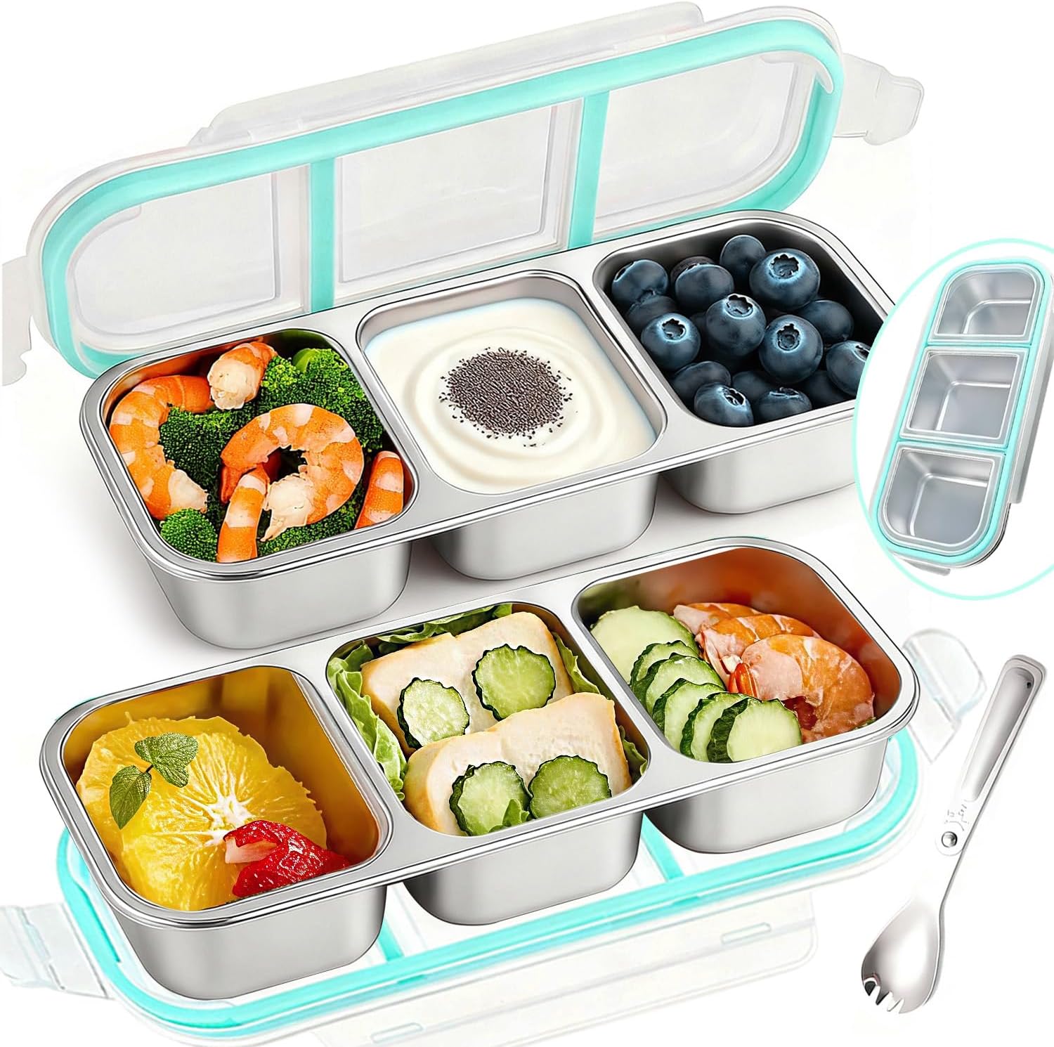 4Pack Food Storage Containers with Airtight Lid, Stainless Steel Snack Containers, Leak Proof Metal Lunchbox with Compartment and Spoon, Lunch Box Bento Box for Home ,Office, Travel, Meal Prep, Blue