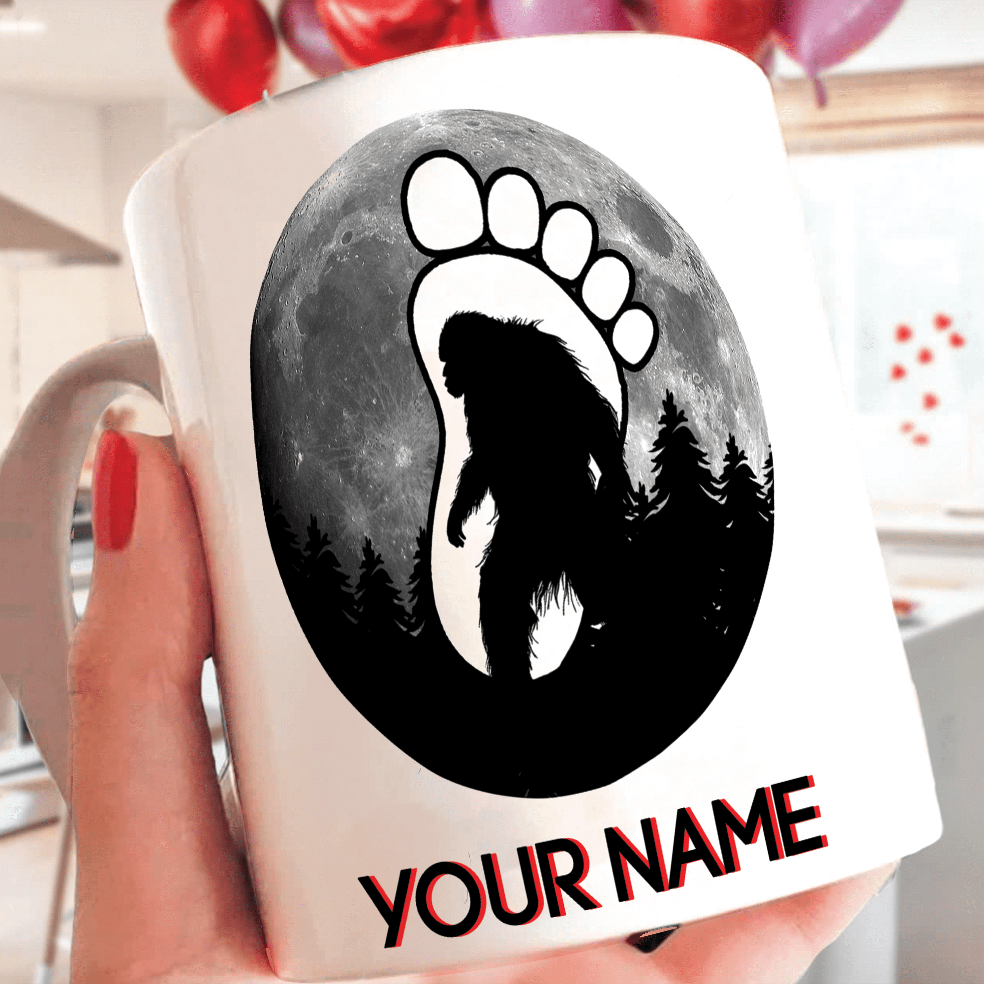 Lotusprinthandmade Personalized Bigfoot in Forest White Ceramic Mug (15oz) (Made In US), Bigfoot Lovers Mug, bigfoot coffee cup