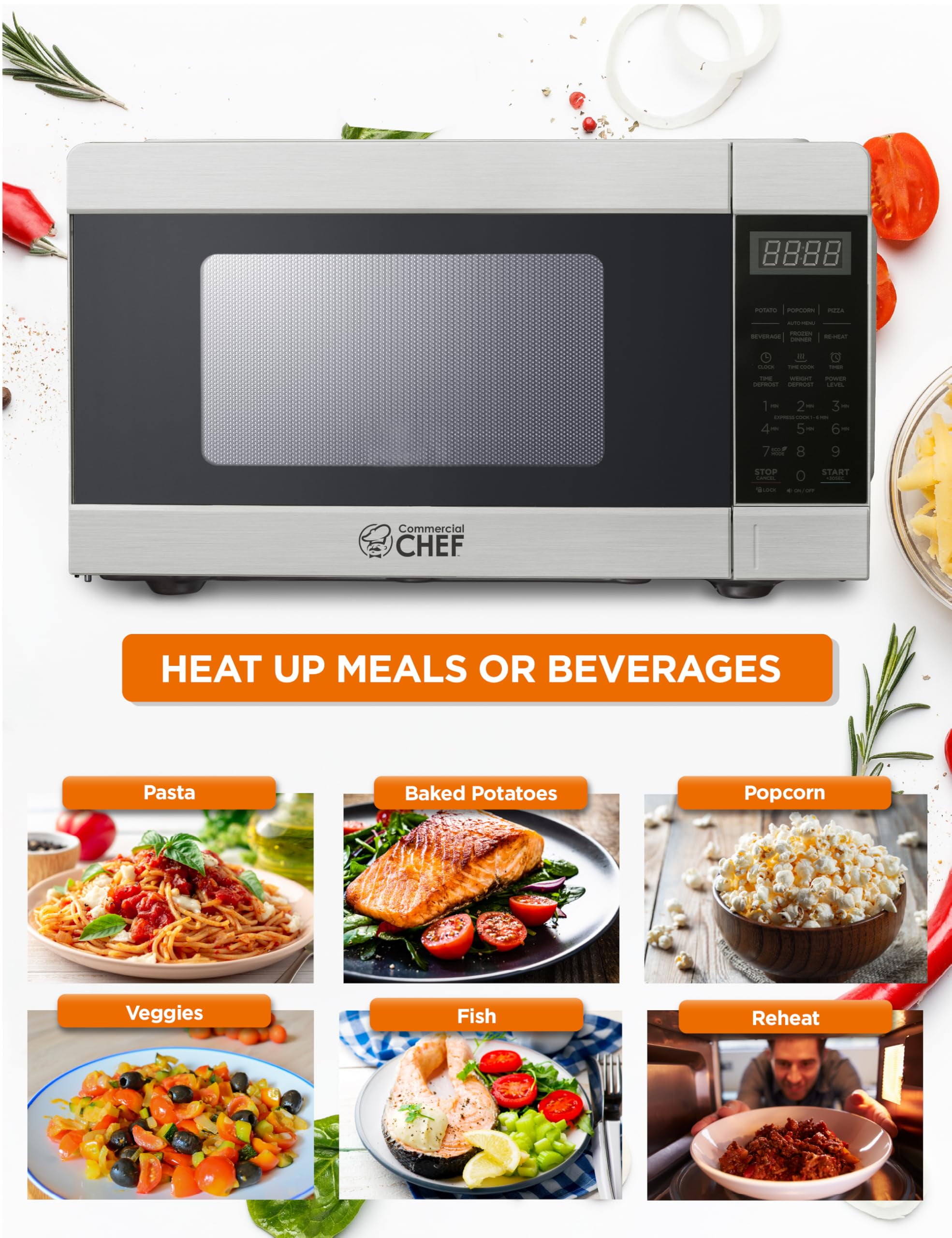 Commercial Chef CHM009 Countertop Microwave 900W, 0.9 cu. ft., Stainless Steel and Black, Small