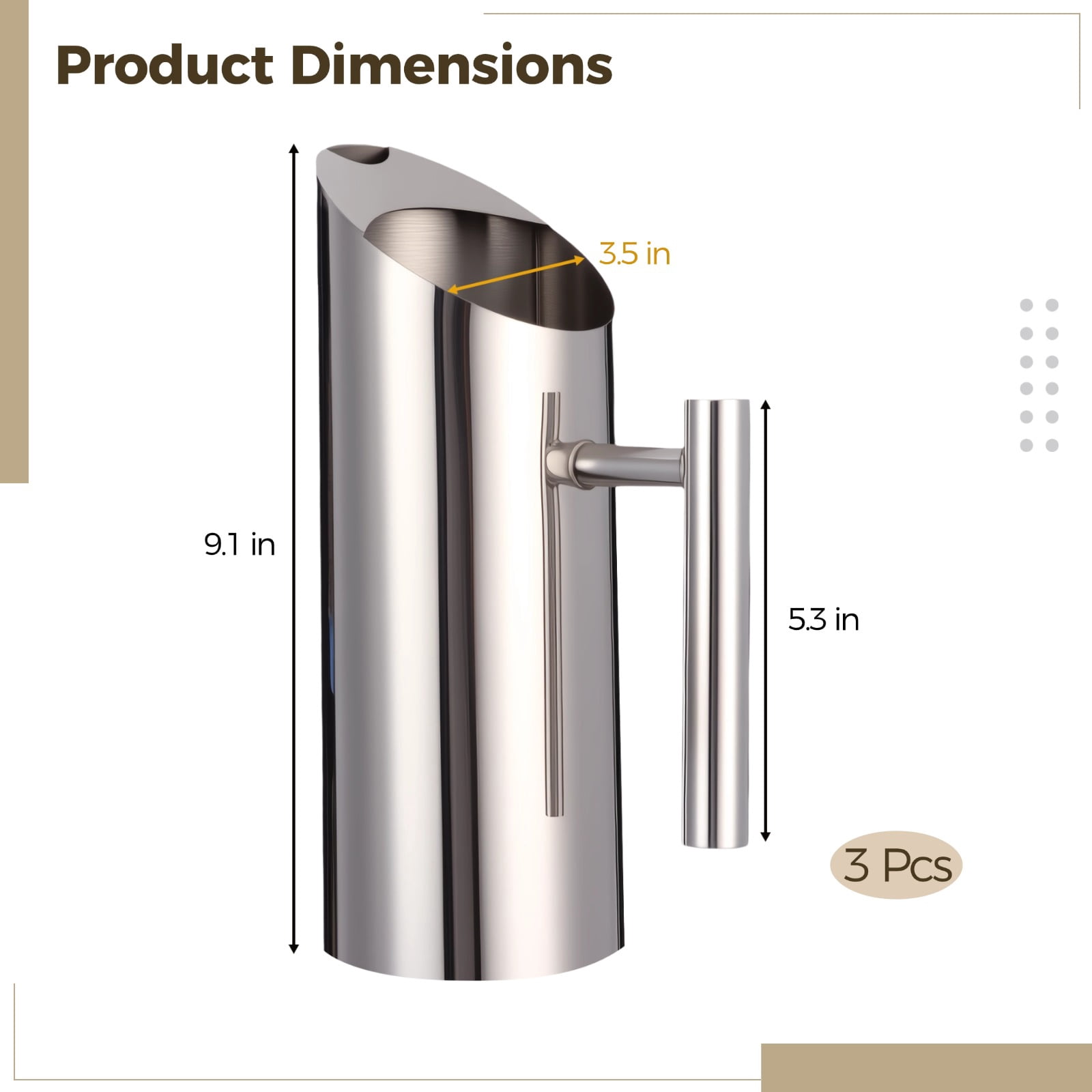 3 Pcs 1L Stainless Steel Water Pitcher Set with Handle, Large Capacity Iced Tea Jug for Coffee Juice Beer, Beveled Mouth Bar Mixing Jug for Home Kitchen Restaurant