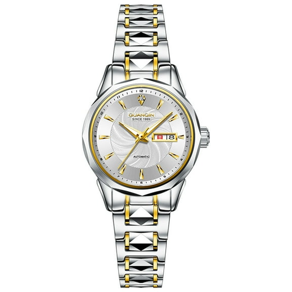 GUANQIN Women Men Calendar Week Rhinestone Vintage Japanese Automatic Self-Winding Mechanical Wrist Watch Tungsten Steel Sapphire Crystal Waterproof Luminous Business Clock
