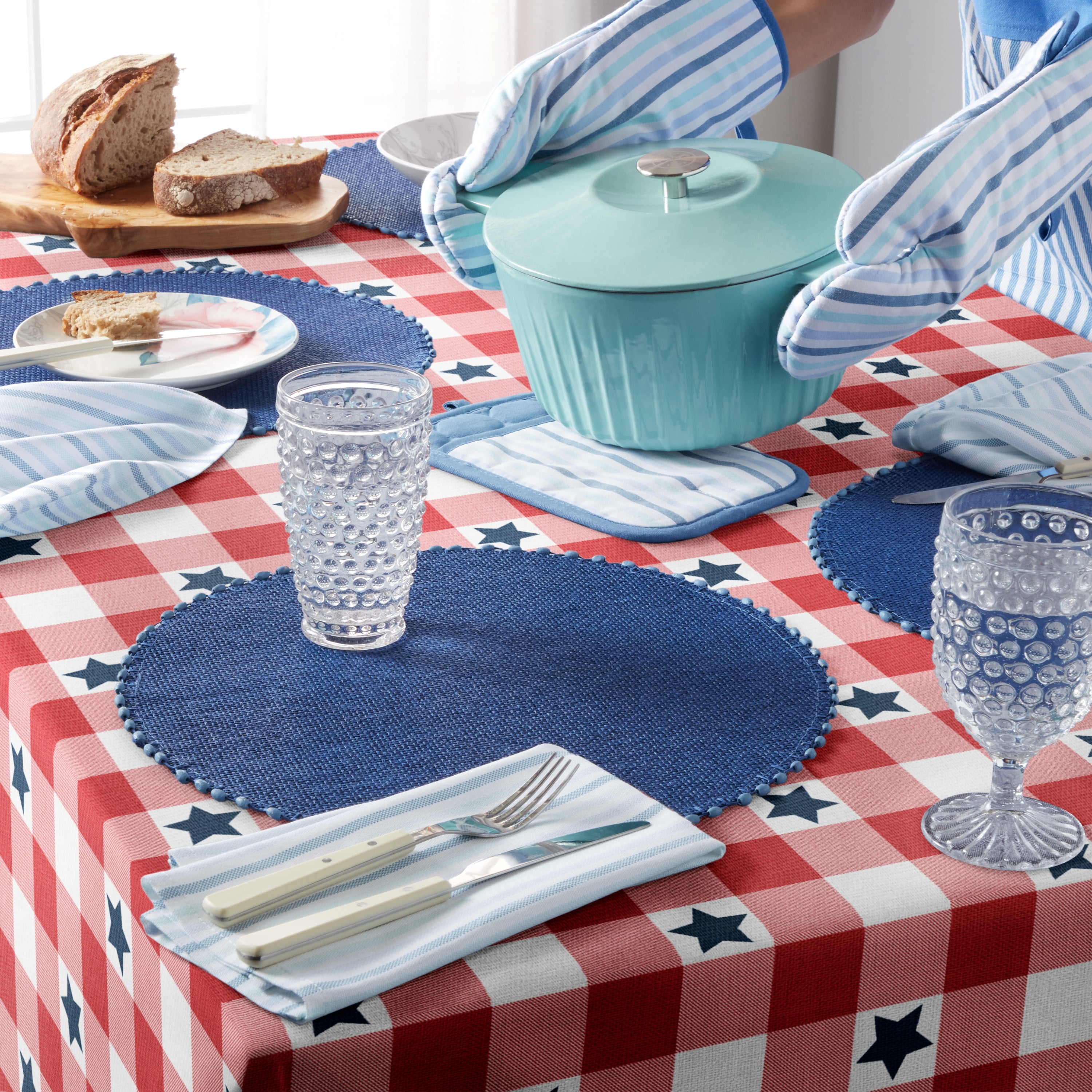 MARTHA STEWART Americana Star Gingham Plaid Indoor Tablecloth, Patriotic USA America Decor, Red/White/Blue, 60"x120"