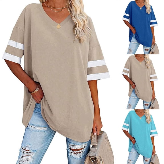 Auralook Summer Plus Size Tops for Women Short Sleeve Solid Color Patchwork Shirts V Neck Tshirts Casual Tunic Tops