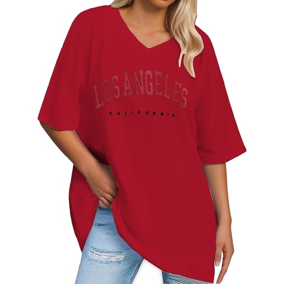 DHFJKG Oversized T Shirt Women's Letter Print Short Sleeve Vintage V Neck Top Casual Loose Fit Basic Summer Tee Shirts Cozy Tops