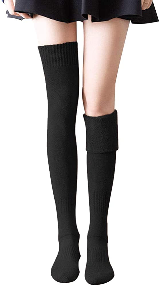 Women Thigh High Socks Extra Long Cotton Knit Warm Winter Over The Knee Long Boot Stockings Black 