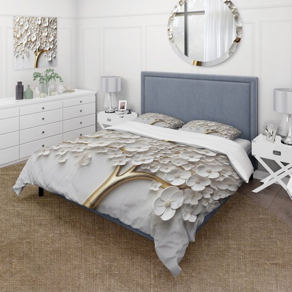 Designart "Garden of Branches White Orchid Tree I" Tree Floral Bedding Covert Set - Country White Landscapes Bed Set With 2 Shams