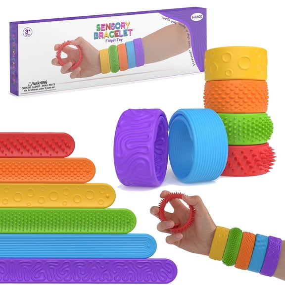 6 pack Textured Silicone Slap Bracelets | Sensory Fidget Toys for Kids & Adults | Wearable Stress Relief for Anxiety, Autism, ADHD | Travel Toy