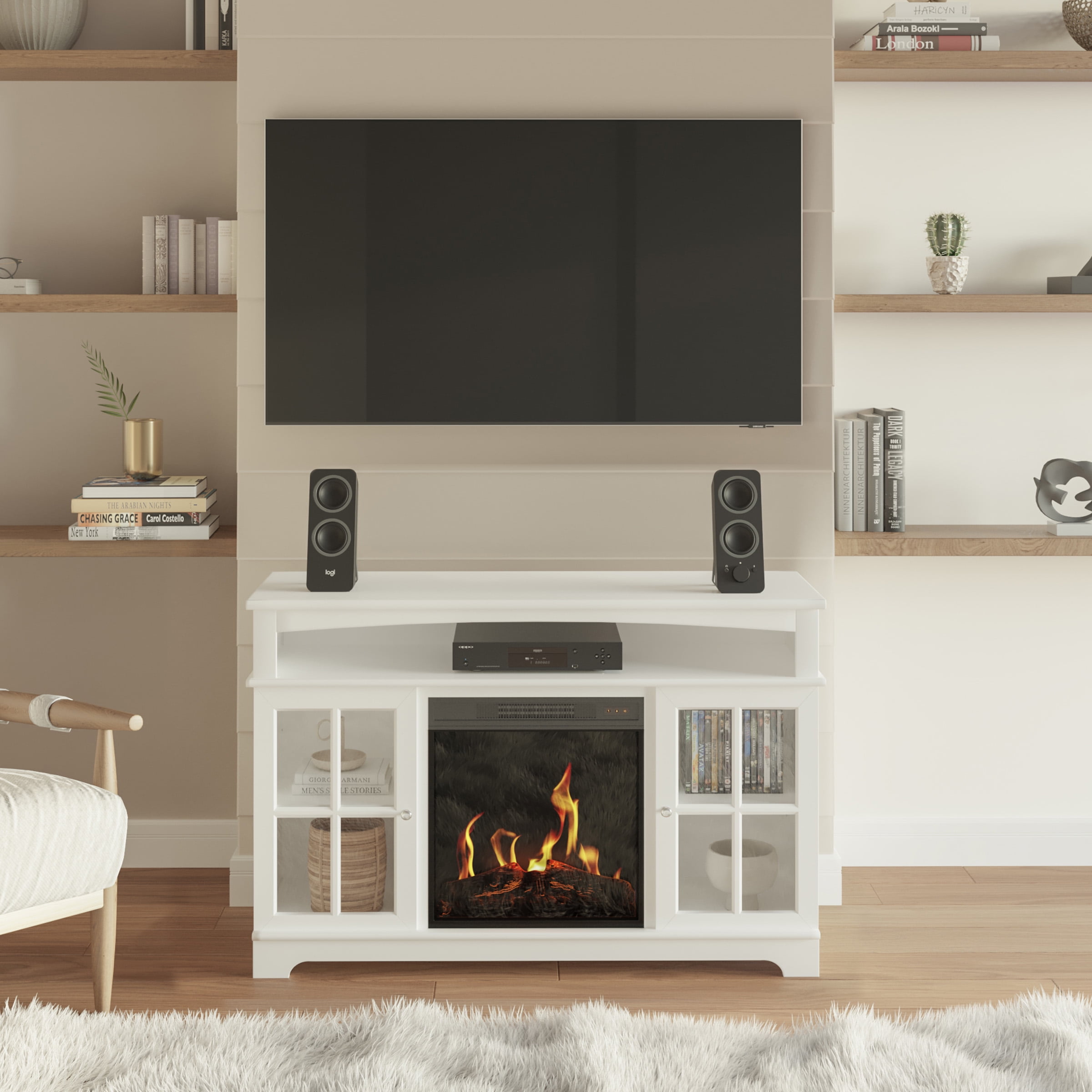 Northwest TV Stand with Electric Fireplace Fits TVs up to 50-Inches (White)