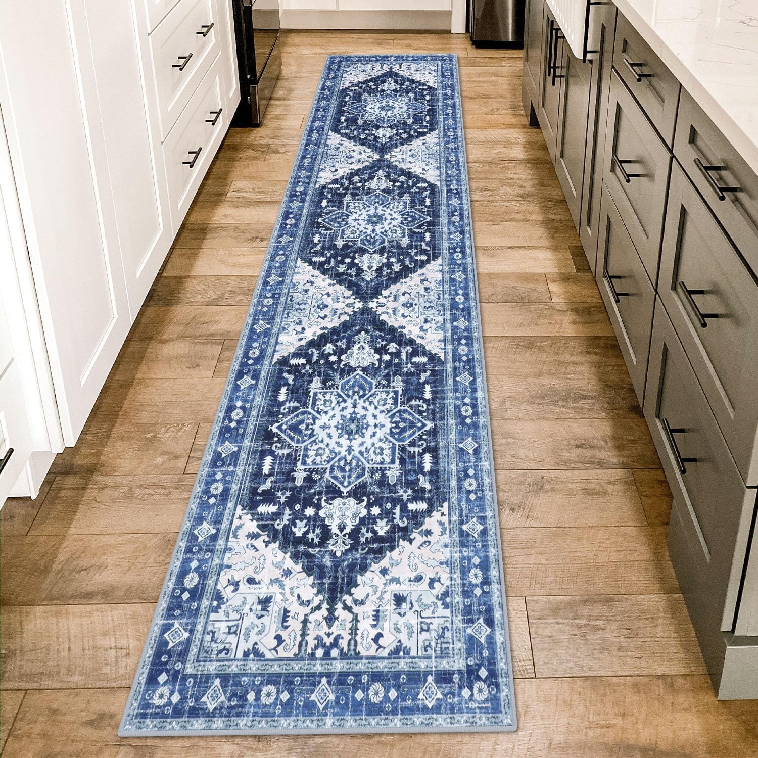 2'x8' Runner Rug for Hallway, Yamaziot Washable Blue Rug Runner with Rubber Backing, Non Slip Vintage Carpet Floor Mat for Bedroom Kitchen Laundry