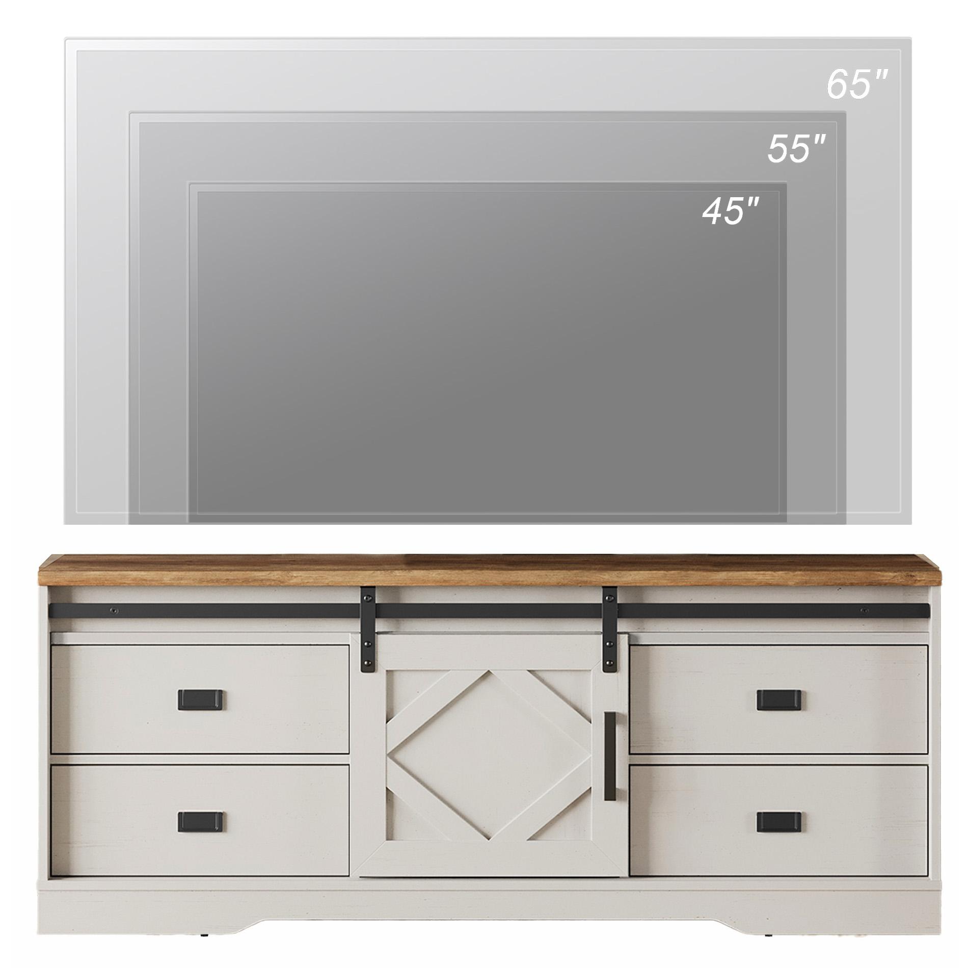 Wampat TV Stand Wood 65 inch TV Cream White with Barn Door & Rub Through Distressing