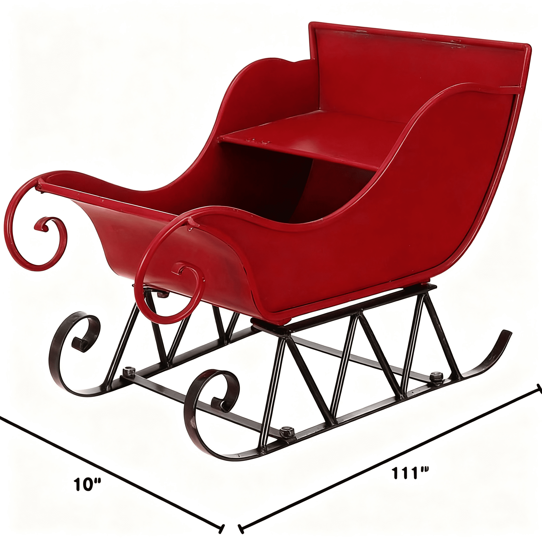 Large Iron Santa Sleigh Holiday Decoration 14.5 Inch Red Metal Distressed Tabletop Mantel Decor