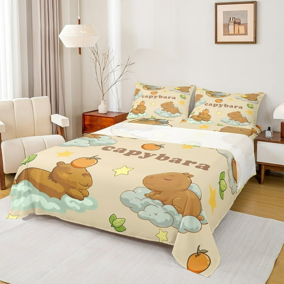 Homewish Cute Cartoon Capybara Twin Sheet Sets,Kawaii Stars Pattern Twin Fitted Sheet,Brown Beige Flat Sheet For Boys Girls,Breathable Home Decor,3-Piece