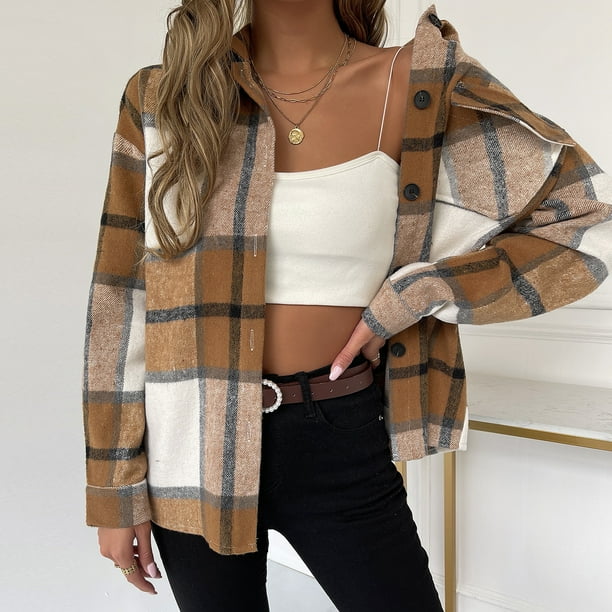 Camiseta De Gran Tamaño Blusas de otoño para mujer, camisa a cuadros informal con cuello de solapa, atuendo diario de estilo Vintage Cgtredaw Marrón S para Mujer