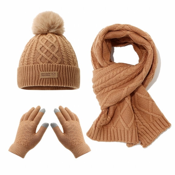Women's Winter Outdoor Cycling Hood Warm Knit Earflap Hat Scarf Gloves Set Winter Set for Students Stylish Beanie Scarf Gloves Campus Daily Scarf a Hat Gloves