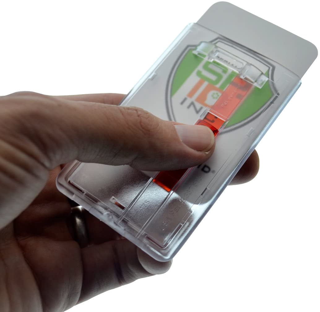 50 Pack - Frosted Vertical Rigid Badge Holder I.D. Card Dispenser with Easy Access Red Extractor Slide by Specialist ID