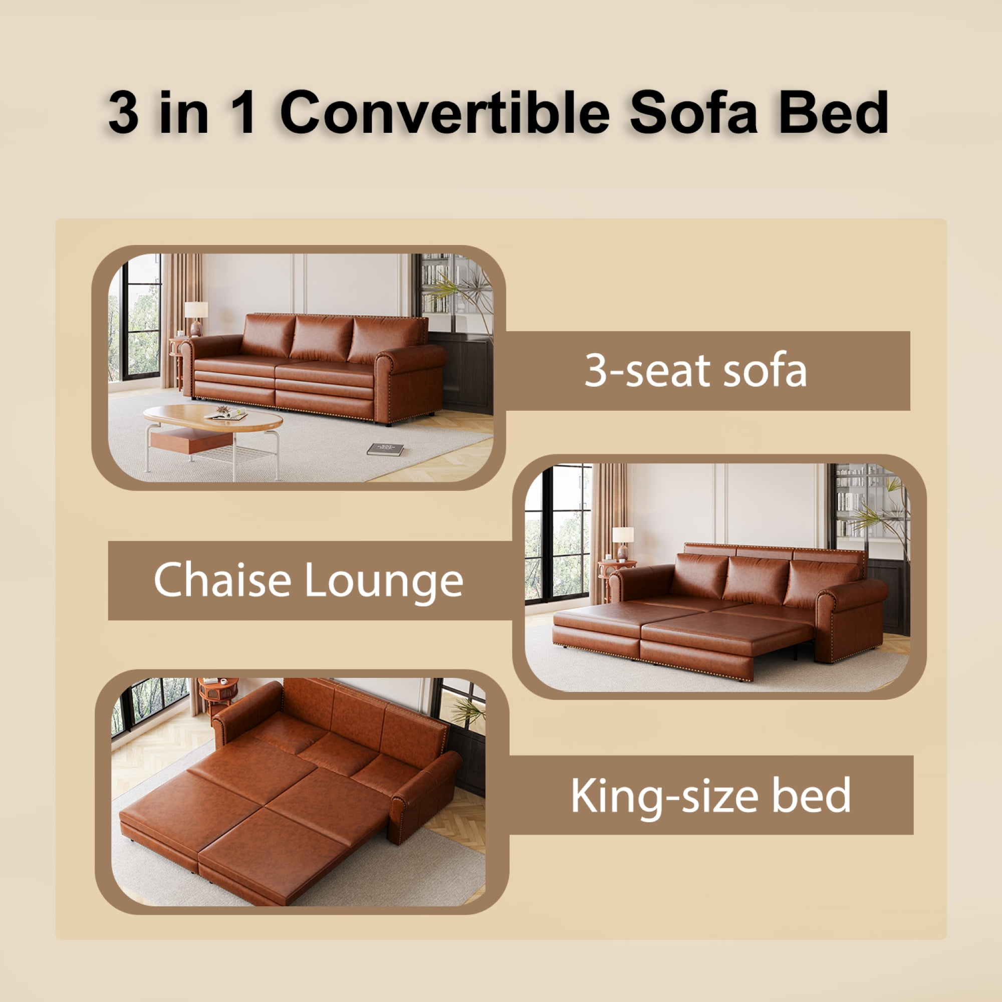 LLappuil King Size Pull Out Sofa Bed, Oversized Loveseat Sofa Convertible Sleeper Sofa Bed, Faux Leather Sofa Couch for Living Room Apartment Light Brown