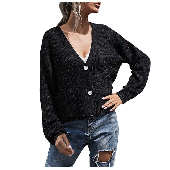 Vedolay Women's Cardigans Open Front Long Sleeve Button Down Knit Cardigan with Pocket Black,M