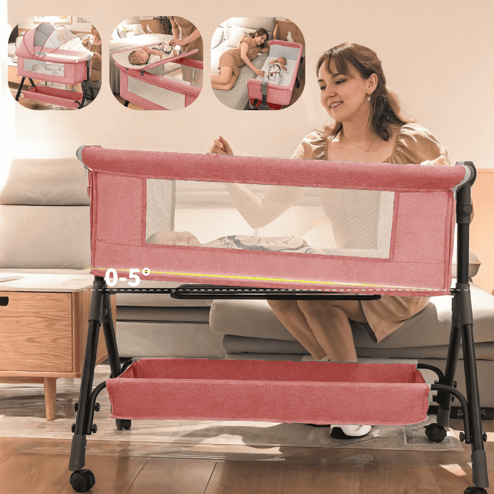 4 in 1 Baby Crib Portable Newborn Cribs with Changing Table Baby Bedside Sleeper with Mosquito Net,Height Adjustable,Unisex,Pink