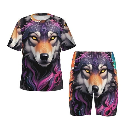 Luyuia Colorful Wolf Head A Print Girls  2-Piece Tie-Dye Pajama Set  Cute Summer Loungewear with Shirt and Tank Shorts Nightwear-Small