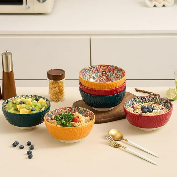 Ceramic Cereal Bowls Set of 6, 6 Inch 26 Oz Microwave & Dishwasher Safe, Bohemian Mexican Style