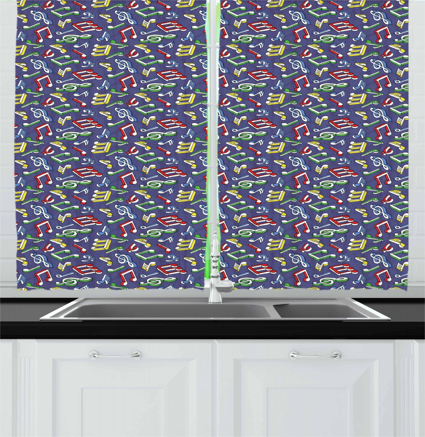 Music Curtains 2 Panels Set, Cartoon Style Colorful Pattern with