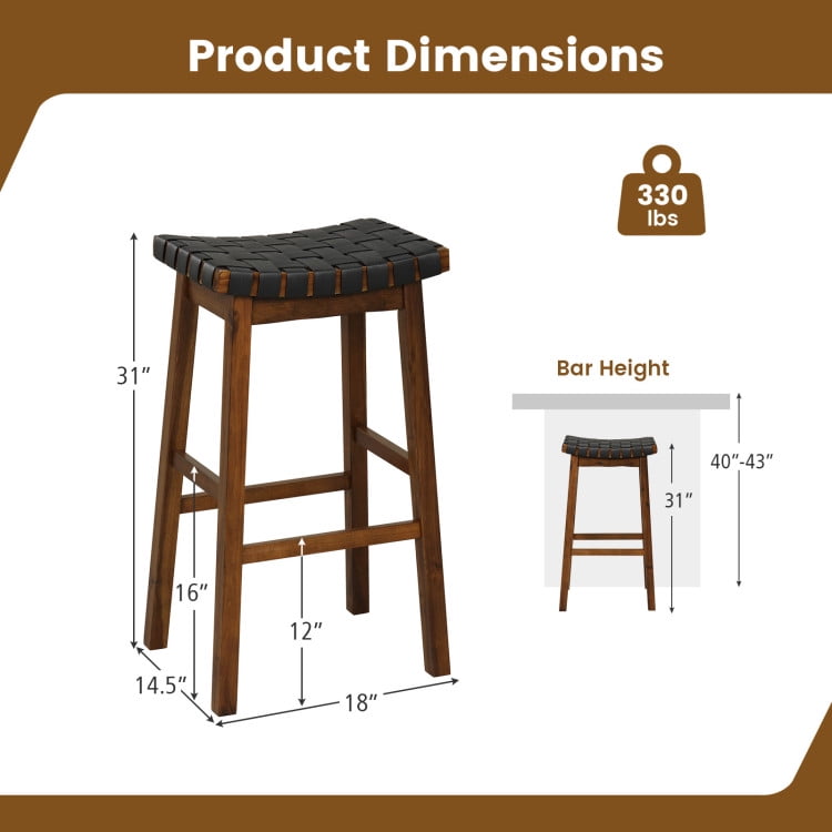 Demi Bonn 29" Set of 2 Faux PU Leather Counter Height Bar Stools with Woven Curved Seat, Modern Kitchen Dining Chair, Brown