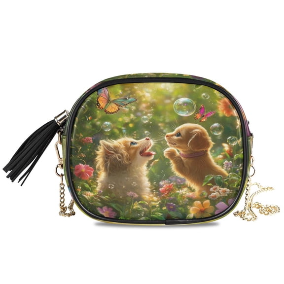 Womens Casual Chain Shoulder Bag Simple style Kitten and Puppy with Butterflies Crossbody Bag