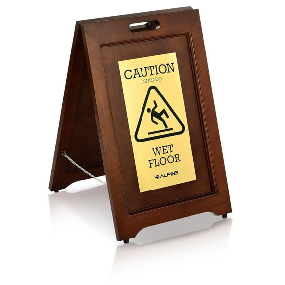Alpine 2-Sided Wooden Brass Plated Wet Floor Sign - A-Frame Warning Notice - Double Sided Fold Out Bilingual Floor Safety Alert Ideal for High End Commercial Use