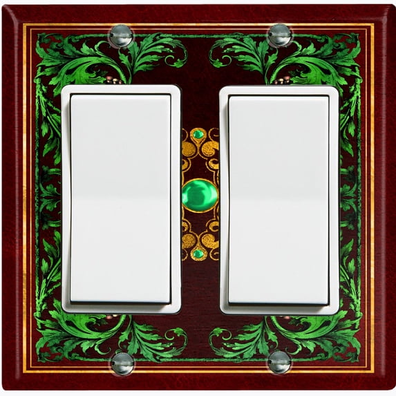 Metal Light Switch Plate Cover Elegant Maroon Green Leaf Damask Frame FRA027