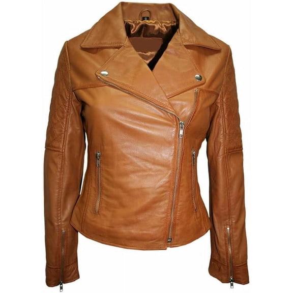 Women's Genuine Tan Lambskin Leather Jacket Motorcycle Biker Collared Leather Jacket W427