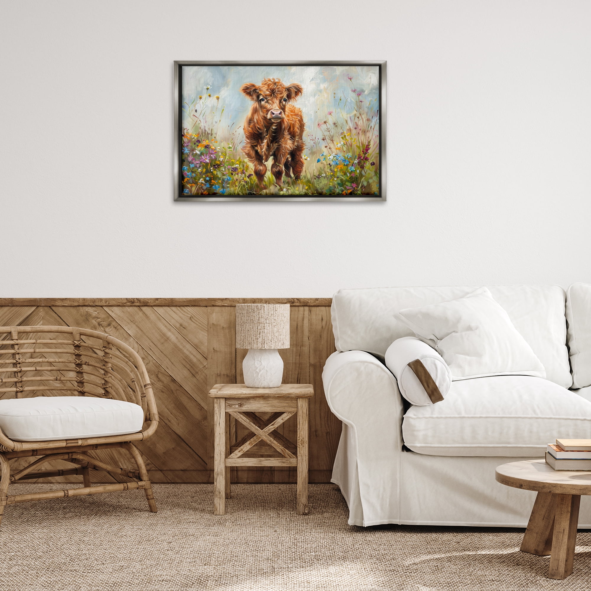 Stupell Industries Mountain Cow Scene Animals & Insects Painting Gray Floater Framed Canvas Art Print Wall Art, 31 x 21