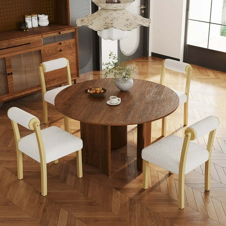 Costway - Wooden Dining Chair Set of 2 Faux Sherpa Upholstered Kitchen Dining Room Chairs - White