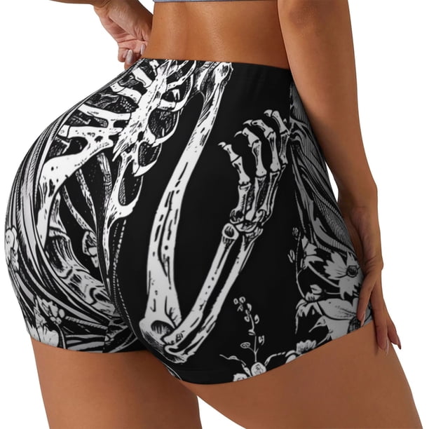 Balery Gothic Skull Floral Art Pantalones cortos de entrenamiento estampados para mujer, sin costuras, ajustados, para gimnasio, yoga, correr, deportes, ejercicio activo, fitness.-Medium