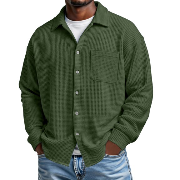 DAFPZW Long Sleeve Waffleknit Shirts for Men Lapel Button Down Shirt Jacket Lightweight Jacket Drop Shoulder Plain Overshirts