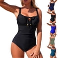 thumbnail image 4 of Minjewel Women's Backless One-Piece Swimsuit with Adjustable Tie Back Detail, Solid Color Slimming High Waist Bathing Suit,Black,L, 4 of 8