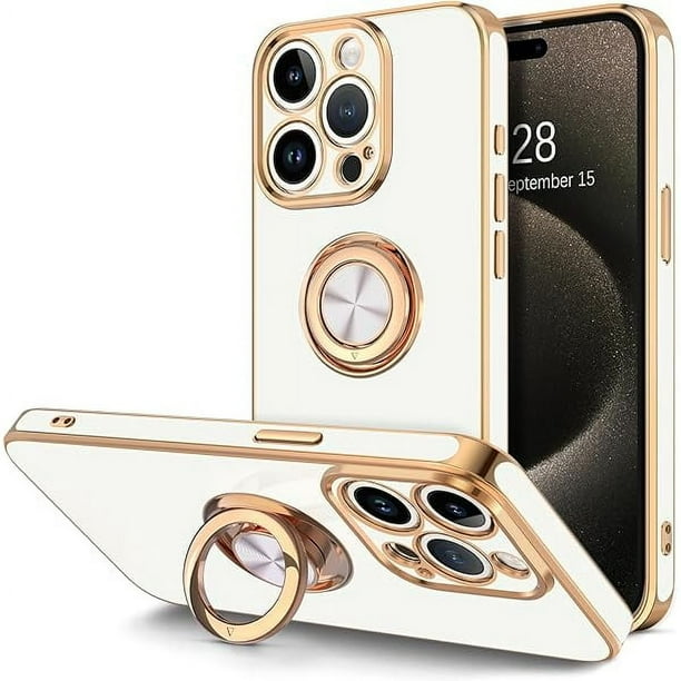 wonima11 Hython for iPhone 15 Pro Max Case with Ring Stand, 360° Rotatable Ring Holder Magnetic Kickstand, Plating Rose Gold Edge Soft Cover Protective Phone Case for iPhone 15 Pro Max 6.7", White