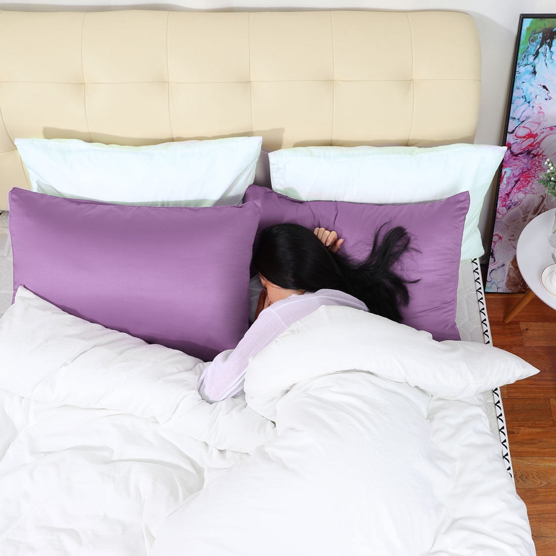 Unique Bargains Silky Satin Pillow Cases Covers Set of 2 Purple Queen