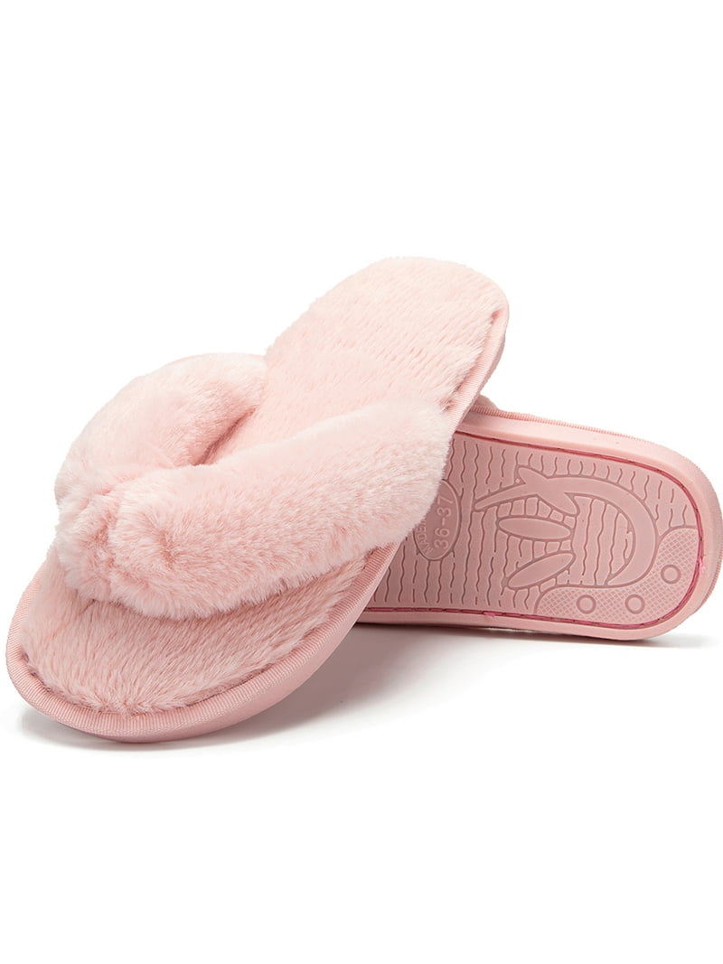 FALEXO Women's Comfy Fuzzy Fur Slippers Flip Flop Open Toe Cozy