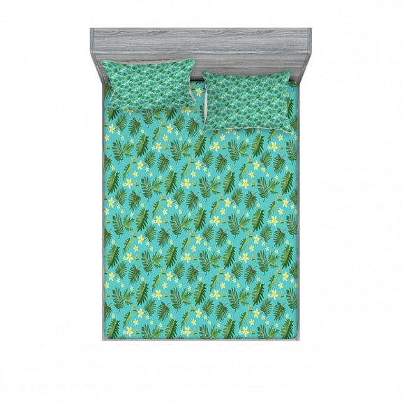 Tropical Bedding Set with Sheet & Covers, Palm Tree Leafage with Hibiscus Blooms Jungle Foliage in Exotic Dream, Printed Bedroom Decor 2 Shams, 4 Sizes, Forest Green Turquoise, by Ambesonne