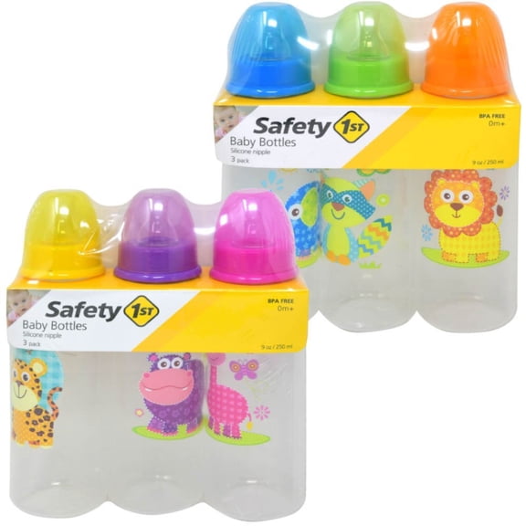2 Set Safety 1st 3 Pk 9oz Round Baby Bottles W/ Animal Prints
