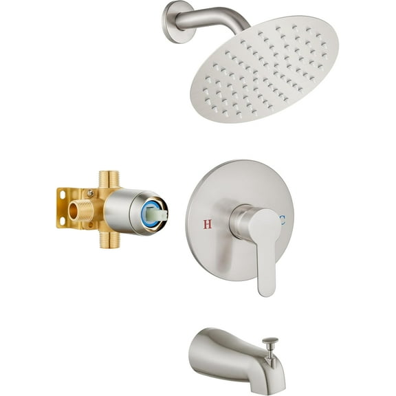Bathroom Tub Shower Faucet Set Shower Head and Handle Set Bathtub Faucet Set Complete with Rough-in Valve Trim Kit with 8 Inch Round Shower Head, Brushed Nickel